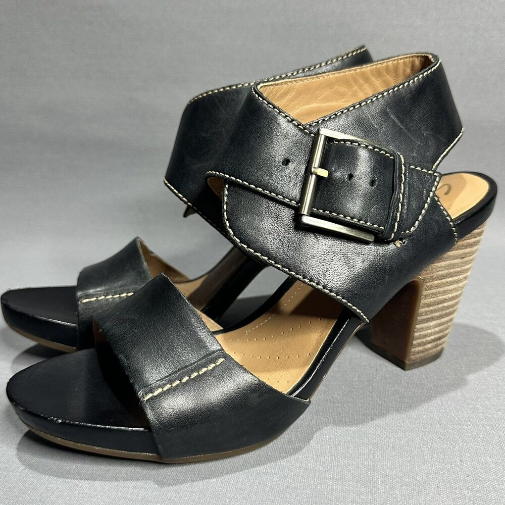 Clarks Artisan Okena Mod Black Leather Heeled Sandals Buckle Ankle Straps 8.5